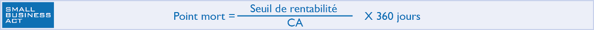 Calcul de Point mort = Seuil de rentabilité / Chiffre d'Affaires annuel * 360 jours